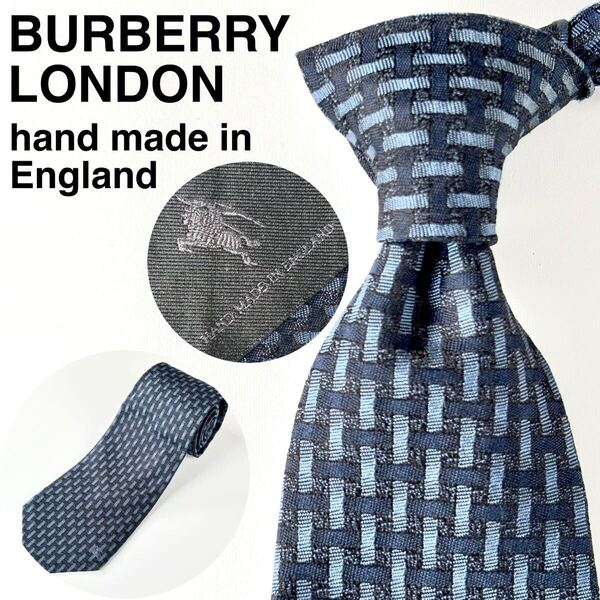 BURBERRY LONDON バーバリーロンドン ロゴ ワンポイント イングランド製 シルク ネクタイ 総柄 ネイビー ブルー メンズ ブランドネクタイ