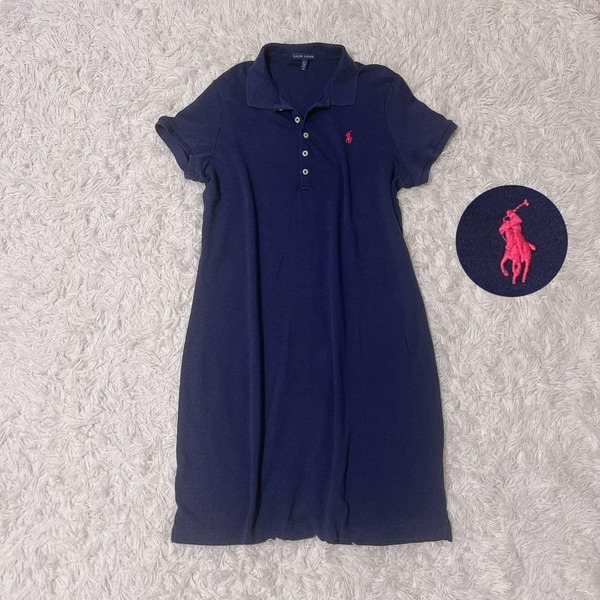 Ralph Lauren ラルフローレン ポロシャツワンピース ロゴ 刺繍 ネイビー Lサイズ相当