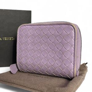 美品 BOTTEGA VENETA ボッテガヴェネタ 折り財布 イントレチャート 二つ折り レザー ラウンドファスナー パープル