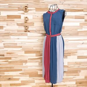 【レディアゼル】配色パターン ロング ノースリーブ ワンピース プリーツ S 青【HFby6PR】レディース・洋服・春夏【E3X4M3J】