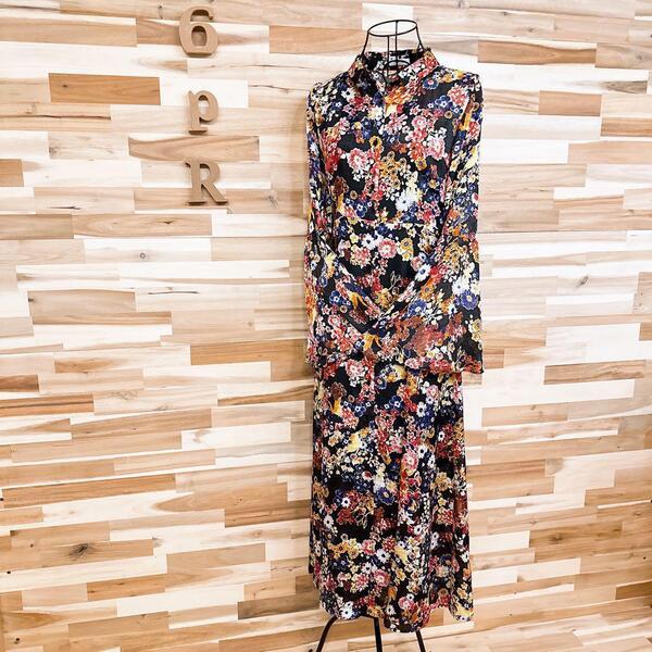 【フレイアイディー】ジャガード チェック 花柄シャツ ロング ワンピース 黒×赤【HFby6PR】レディース・洋服・春夏【A3G4T4Y】
