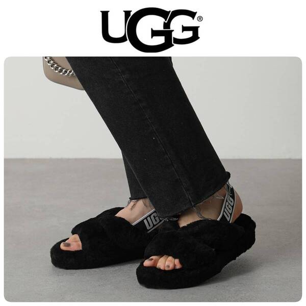 中古 UGG アグ W FAB YEAR ファー サンダル 1117935 ブラック シープスキン サイズ6/23cm 雑誌掲載モデル