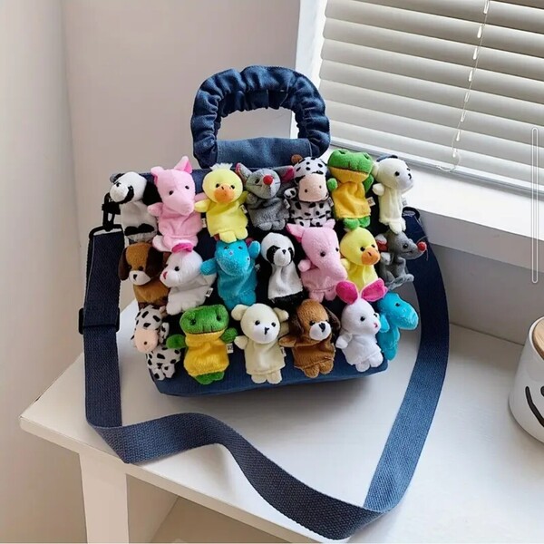 カラフルぬいぐるみジップクロージャー アニマルドールハンドバッグ ショルダーバッグ 斜め掛け うさぎ パンダ くま ヒヨコ 藍色 ネイビー