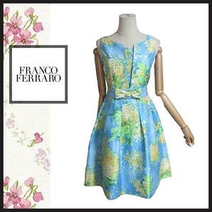 【フランコフェラーロ】ワンピース フラワープリント 花柄 セレモニー ブルー系 FRANCO FERRARO リボンベルト 結婚式 パーティー