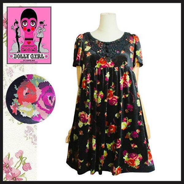 【ドーリーガールバイアナスイ】ワンピース 花柄黒 スタイルアップ 半袖 Aライン DOLLY GIRL by ANNA SUI フラワープリント匿名発送