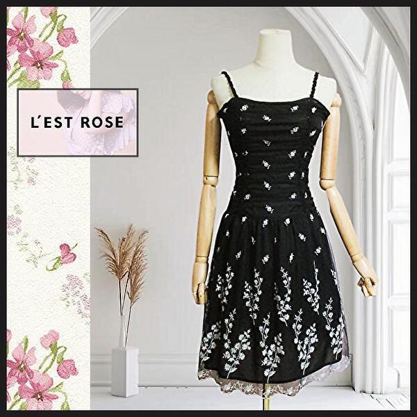 【レストローズ】チュール&刺繍 ワンピース 黒 レース 結婚式 パーティー リゾート L'EST ROSE 薔薇モチーフ キャミワンピ 匿名発送