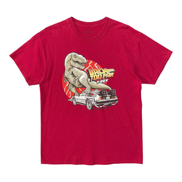 USA 古着 バックトゥザフューチャー パロディ Tシャツ ティラノサウルス デロリアン プリント ボルドー メンズL クルーネック BA4107