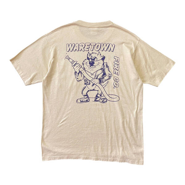 古着 USA製 90S タズマニアンデビル パロディー Tシャツ ポケT ヴィンテージ バックプリント ベージュ メンズL シングルステッチ BA3918