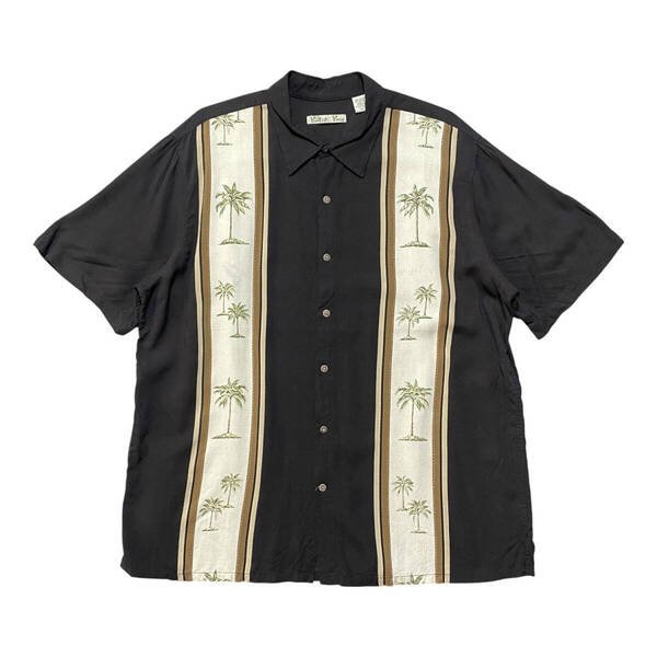 USA 古着 Batik Bay バティックベイ レーヨン アロハシャツ ハワイアンシャツ パームツリー柄 メンズXL ブラック 黒色 BF3557