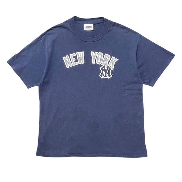 USA 古着 00S MLB ニューヨークヤンキース Tシャツ ロゴ プリント ネイビー クルーネック メジャーリーグ メンズXL 程度 BA4313