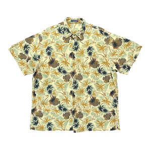 USA 古着 Tropical Print トロピカルプリント リネン/レーヨン アロハシャツ ハワイアンシャツ パームツリー ブラック メンズXL相当 BF3721