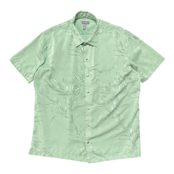 USA 古着 Van Heusen バンヒューゼン ポリエステル アロハシャツ ハワイアンシャツ リーフ パイナップル柄 メンズXL グリーン系 BF3699