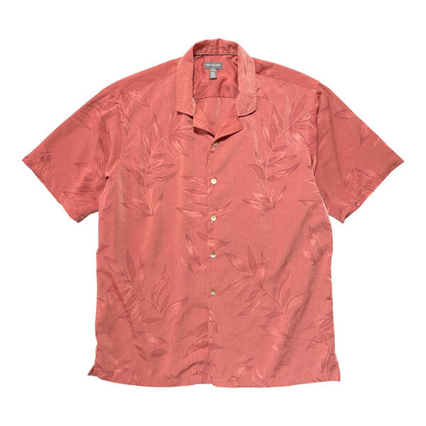 USA 古着 Van Heusen バンヒューゼン ポリエステル ジャガード 開襟 アロハシャツ ハワイアンシャツ リーフ柄 メンズL レッド BF3783