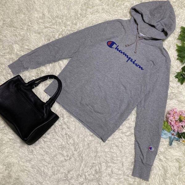 美品 Champion チャンピオン パーカー グレー プルオーバー パイル センターロゴ メンズ Mサイズ