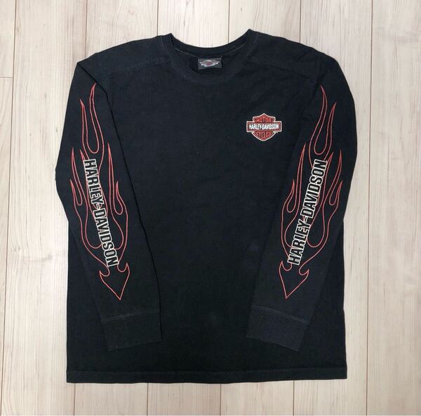 Harley Davidson Flame ビンテージ ロンT ロングスリーブ Tシャツ L ハーレーダビッドソン フレイム ファイヤー 炎 黒 ブラック 刺繍