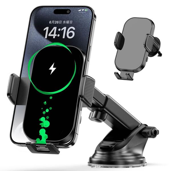 スマホホルダー 車載 ワイヤレス充電器 スタンド 自動開閉 360度回転 15W 急速 Qi対応 吸盤吸着 エアコン吹き出し口