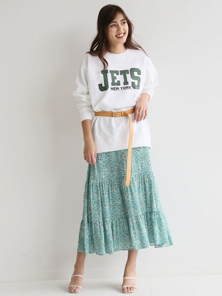 春夏物★美品★Spick & Span Deveauxプリントティアードスカート 定価18,700円 グリーン スピック&スパン ロングスカート オフィス 通勤
