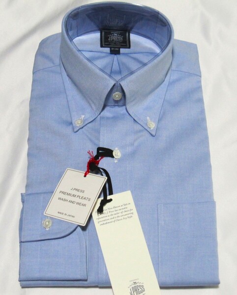 新品 J プレス J PRESS ジェイプレス オリジナルス PREMIUM PLEATS 形態安定 ピンオックス B.D.ボタンダウンシャツ 青 ダルブルー 38-84