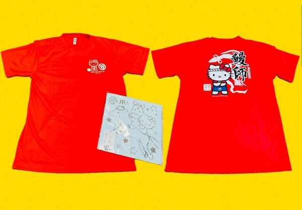 【非売品2点セット】ハローキティ ×山田水産コラボ鰻師/半袖Tシャツ (サイズM)JRAハンドタオル/サンリオ/キティちゃん