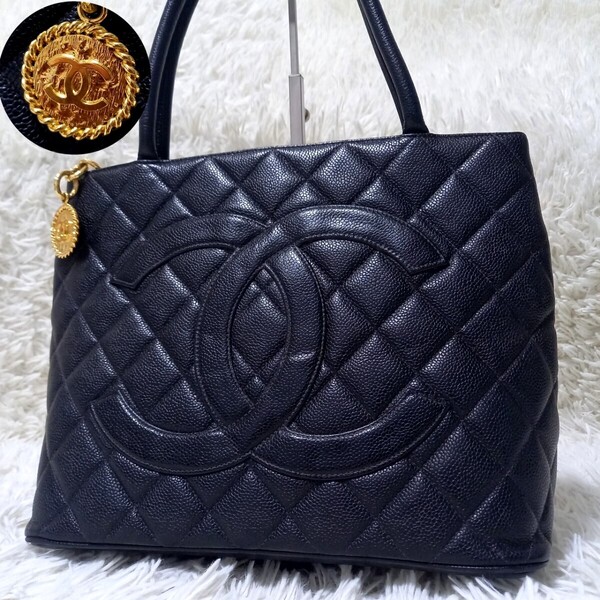【美品】 CHANEL シャネル 復刻トート キャビアスキン ココマーク メダリオン ハンドバッグ トートバッグ ゴールド チャーム レザー 5番台