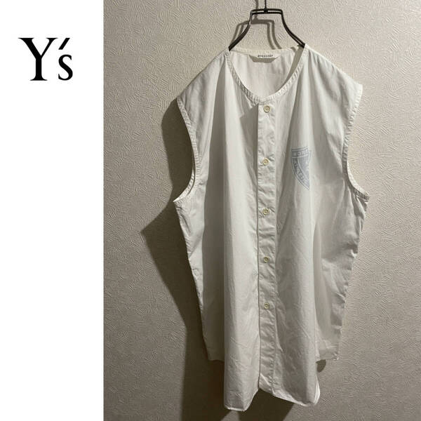 ◯ Y's WORKSHOP ラウンドネック ノースリーブ シャツ / ワイズ ヨウジヤマモト エンブレム ノーカラー ホワイト 白 Ladies #Sirchive