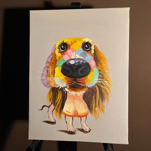 手書き油絵 カラフルドッグ 肉筆絵画 インテリア 油彩画