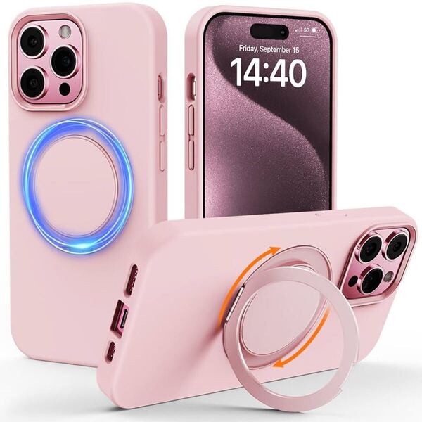 iPhone 15 Pro Max スマホケース360°回転スタンド ピンク