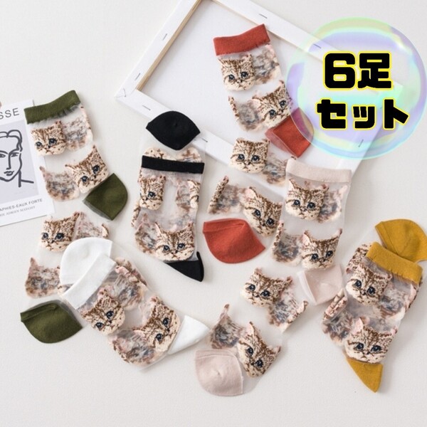 6足セット シースルー ソックス 刺繍 靴下 ねこ柄 チュール クルーソックス おしゃれ 新入荷 かわいい ねこ 猫 ネコ