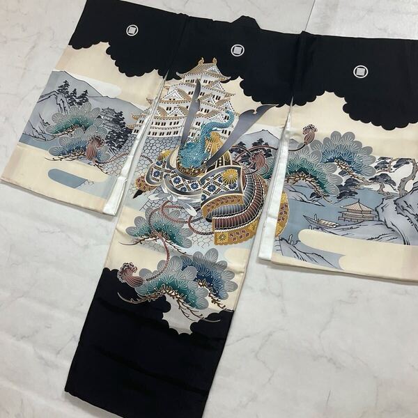 ◆kimono+one◆産着◆お宮参り◆襦袢付き◆正絹◆五つ紋◆七五三◆3歳用◆男の子着物◆七五三お詣り男の子着物こどものひお正月卒業式Y46
