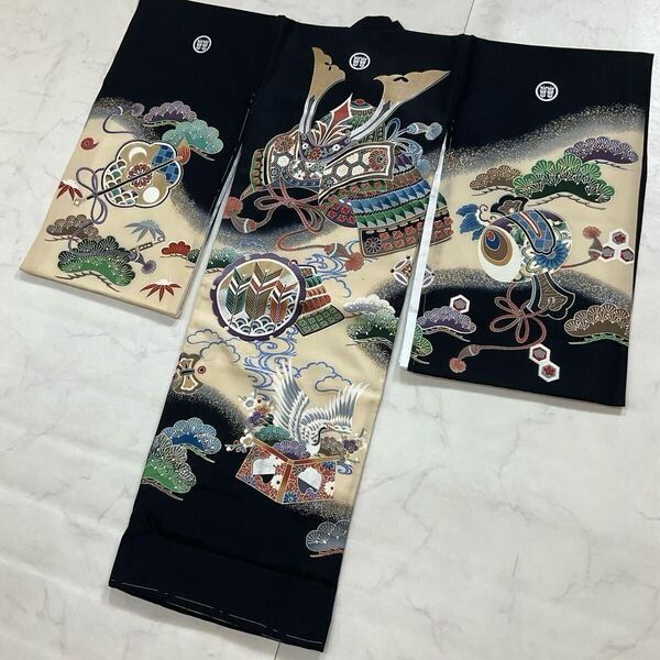 kimono+one◆未使用同然◆産着◆お宮参り◆襦袢付き◆仕付糸付き◆正絹◆五つ紋◆七五三◆3歳用◆男の子着物◆こどものひお正月卒業式Y44