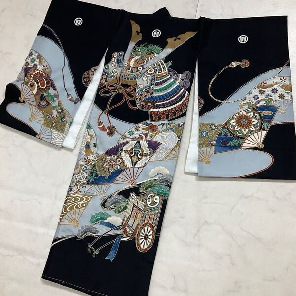 kimono+one◆未使用同然◆産着◆お宮参り◆仕付糸付き◆正絹◆襦袢付き◆五つ紋◆七五三◆3歳用◆男の子着物◆こどものひお正月卒業式Y40