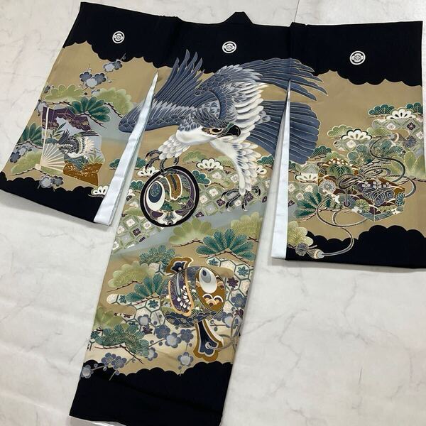 kimono+one◆産着◆お宮参り◆襦袢付き◆五つ紋◆正絹◆七五三◆3歳用◆男の子着物◆七五三お詣り男の子着物こどものひお正月卒業式Y41