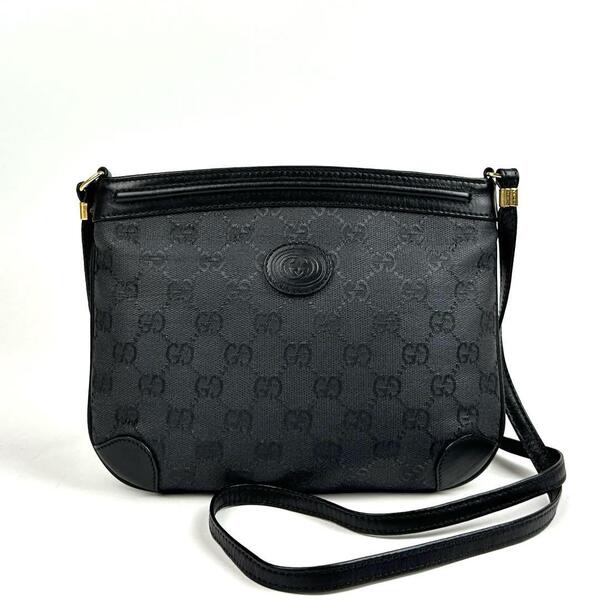 美品■GUCCI グッチ ショルダーバッグ GG柄 PVC レザー ポシェット ブラック系 エンボスロゴ インターロッキング ゴールド金具 VINTAGE