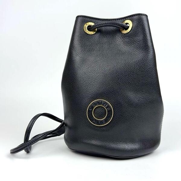 美品■CELINE セリーヌ サークルロゴ ショルダーバッグ 巾着型 ドローストリング ブラック レザー バケツ型 ゴールド金具 ミニバッグ