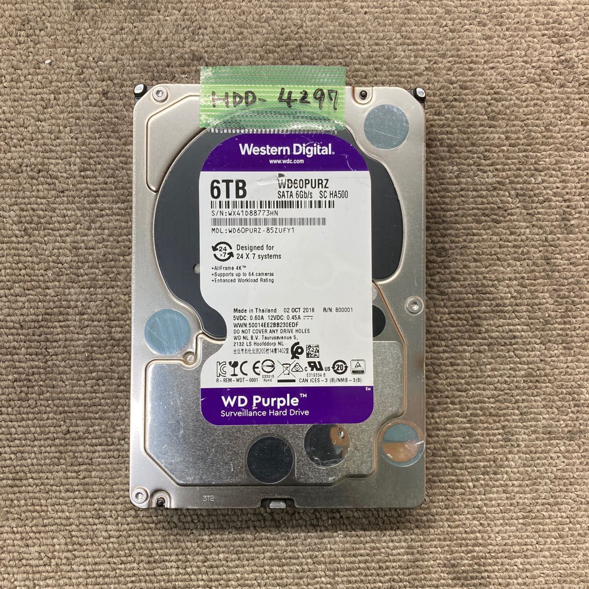 WD Purple 6TB WD60PURZ HDD 中古 Western Digital Purple 6 TB,Internal,5400 RPM,3.5 inch
