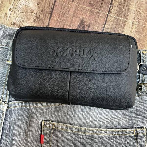 新品 横型ウエストバッグ 本革レザー メンズ ブラック 黒 ベルトポーチ ヒップバッグ スマホ デジカメ iPhone 携帯電話 バイク 送料無料