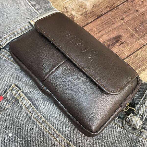 新品 横型ウエストバッグ 本革レザー メンズ ダークブラウン ベルトポーチ ヒップバッグ 仕事用 スマホ デジカメ iPhone 携帯電話 送料無料