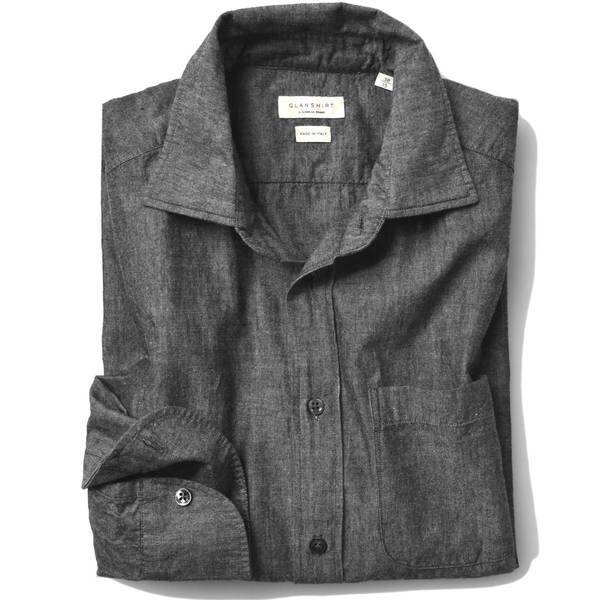 4万【Glanshirt グランシャツ 新品】通年対応◇青より大人らしい,モダンにこなれる黒ダンガリー◇カッコいい襟のホリゾンタルカラーシャツ
