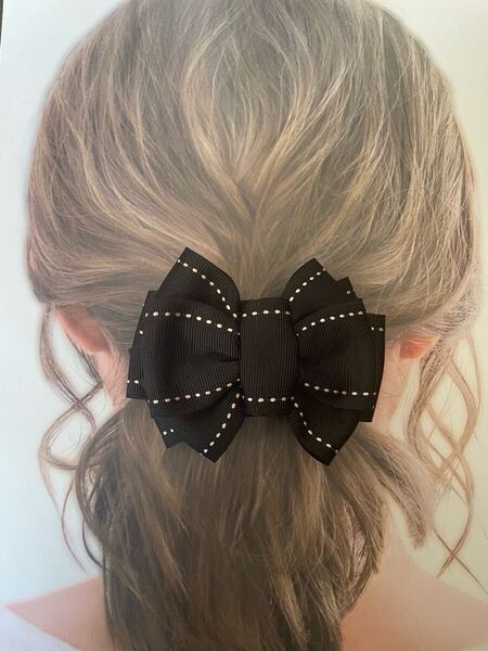 【ハンドメイド】ステッチ入りリボンバレッタ☆ブラック ヘアアクセサリー305