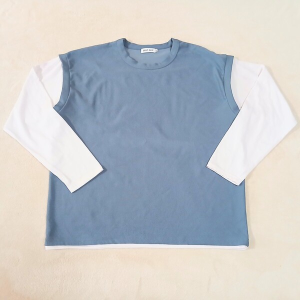 CHIP CLIP メンズ Lサイズ ロンT 長袖 丸首 重ね着風 青 水色 くすみブルー カットソー Tシャツ ポリエステル 中古 古着 送料無料 M7