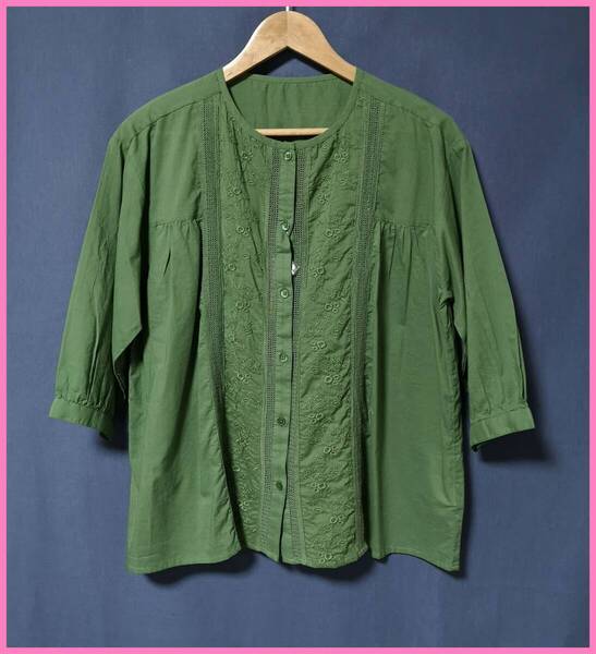 BLS‐352‐3☆春夏秋☆新品☆送料込み☆即決☆ナチュラル系☆薄手のインド綿☆M~Lサイズ☆ブラウス☆グリーン系☆刺繍☆レース