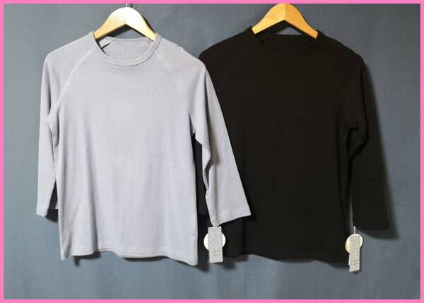 TSET‐657☆春秋☆新品☆送料込み☆即決☆厚手のTシャツ素材☆2枚セット☆M~Lサイズ☆Tシャツ☆ブルーグレー系と黒☆八分袖