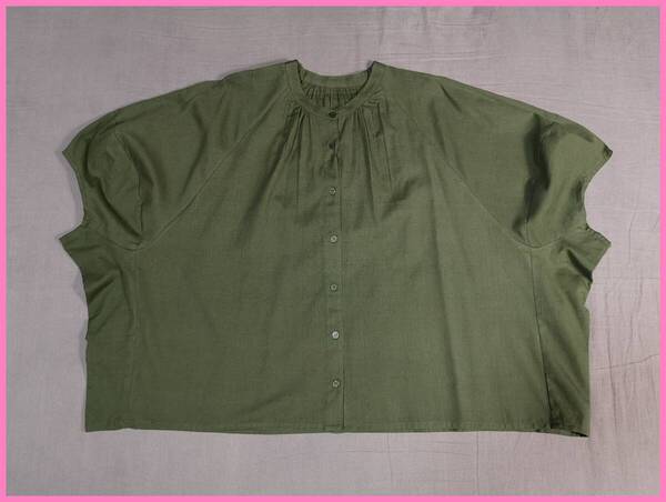 BLS‐427‐2☆春夏秋☆新品☆送料込み☆即決☆ナチュラル系☆綿麻混☆M~Lサイズ☆ブラウス☆濃いモスグリーン系☆超ゆったり