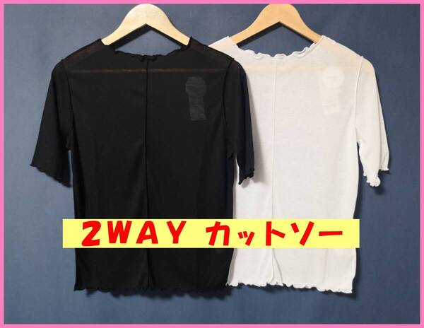 TSET‐661夏☆新品☆送料込み☆即決☆シアー素材☆2枚セット☆M~Lサイズ☆カットソー☆黒とクリーム色☆透け感有り☆シースルー