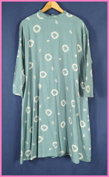 WH‐396‐2春夏秋☆新品☆送料込み☆即決☆ナチュラル系☆綿麻混☆M~Lサイズ☆ワンピース☆ライトグリーン☆植物柄☆長袖ゆったり