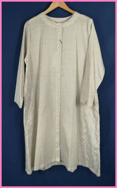 BUー⑯☆春夏秋☆新品☆送料込み☆即決☆ナチュラル系☆綿麻混☆M~Lサイズ☆ワンピース☆ライトベージュ☆刺繍柄