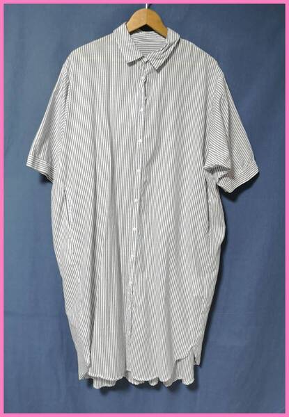 WH501春夏☆新品☆送料込み☆即決☆ナチュラル系☆薄手のインド綿☆M~Lサイズ☆ワンピース☆白濃いグレー系☆ストライプ☆透け感有り
