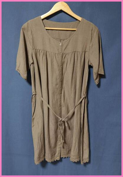 WH-490☆春夏☆新品☆送料込み☆即決☆ナチュラル系☆レーヨン綿麻混☆Mサイズ☆ワンピース☆ブラウン系☆レース☆紐☆ゆったり