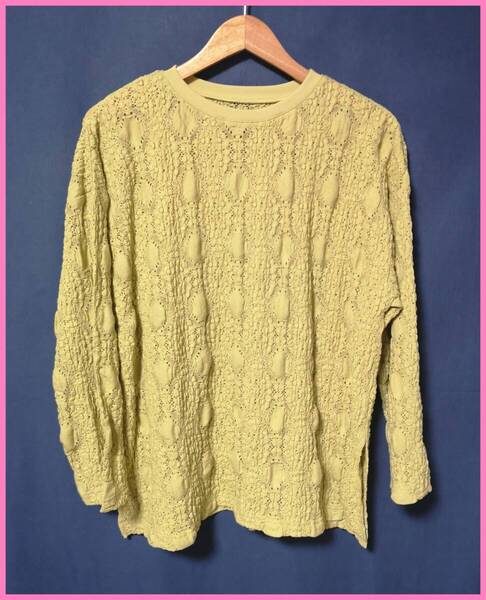 BLS‐278‐3春夏秋☆新品☆送料込み☆即決☆ナチュラル系☆ストレッチ素材☆M~L☆Tシャツ☆マスタード系☆総レース☆穴開き立体織柄