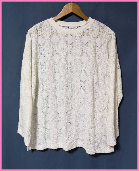 BLS‐278☆春夏秋☆新品☆送料込み☆即決☆ナチュラル系☆ストレッチ素材☆M~L☆Tシャツ☆オフホワイト☆総レース☆穴開き立体織柄